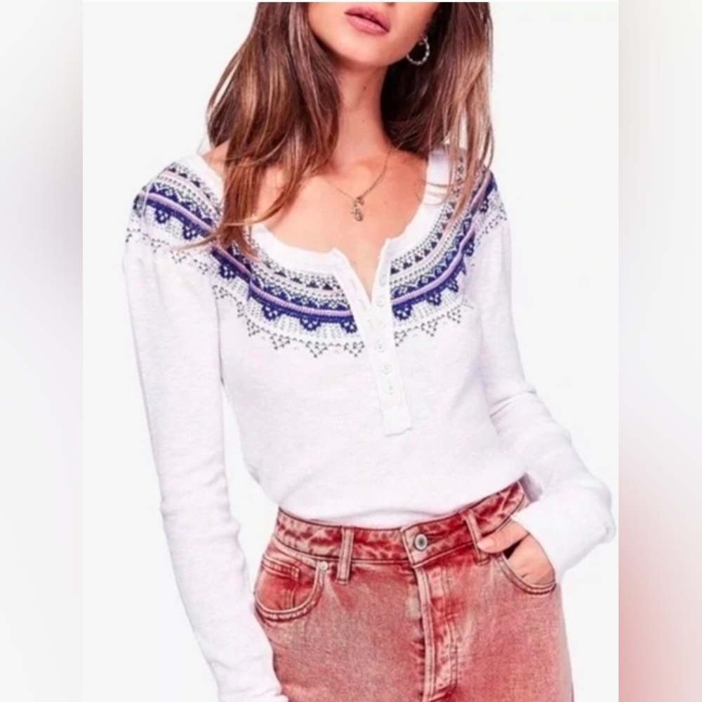 Free People Fair Isles Embroidered White Long Sleeve Top, EUC